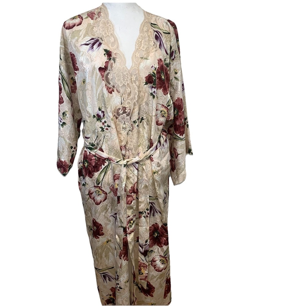 Vintage Expressions‎  Pink Floral Lace Trim Long Robe Medium Pockets Cottagecore